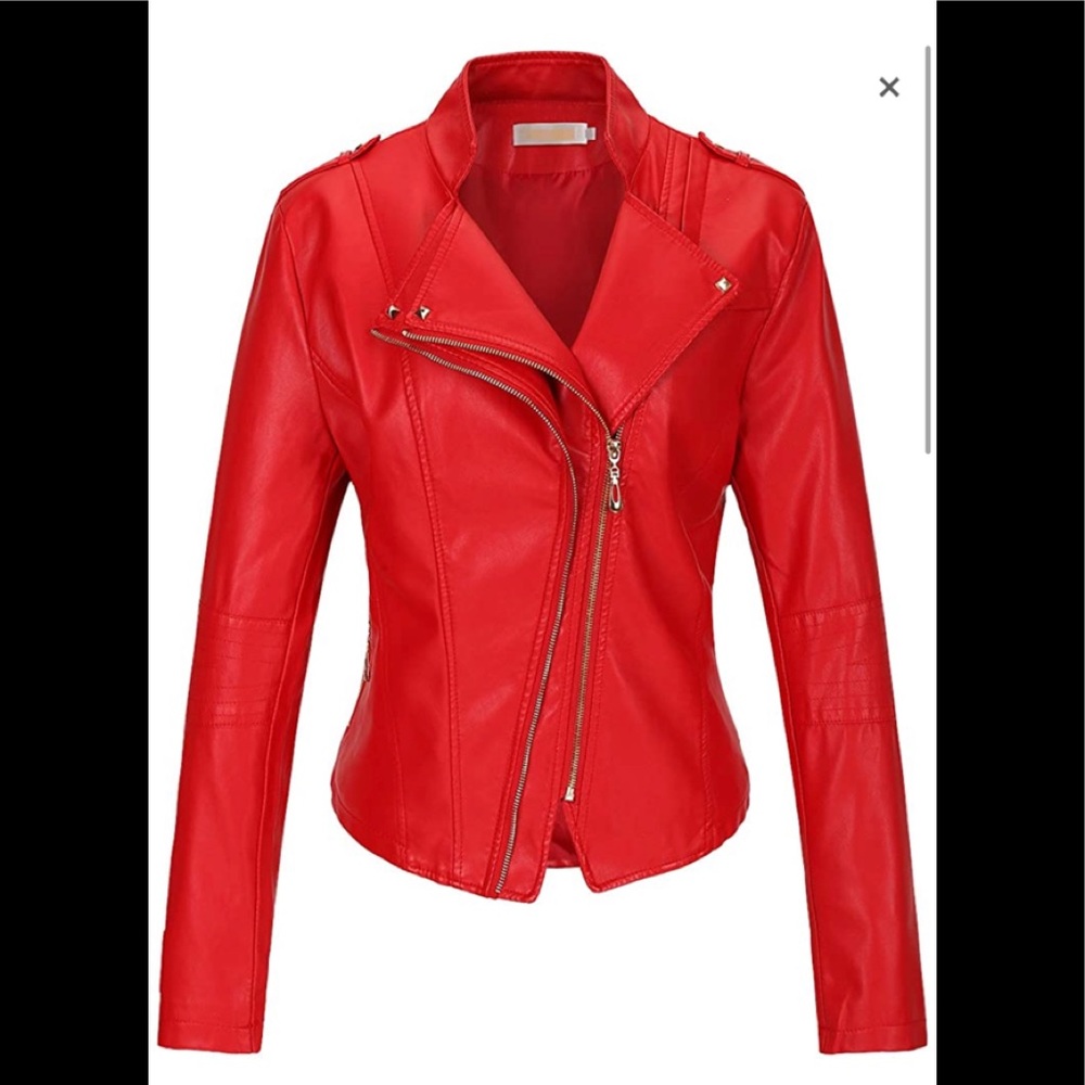 Women's Casual Faux Leather Jacket Short Zipper Red Outerwear Coat